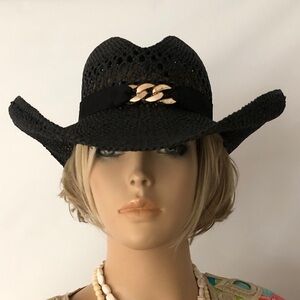 Black Woven Straw Hat with Gold Chain Cowboy Western Sun Hat Women’s Size Medium